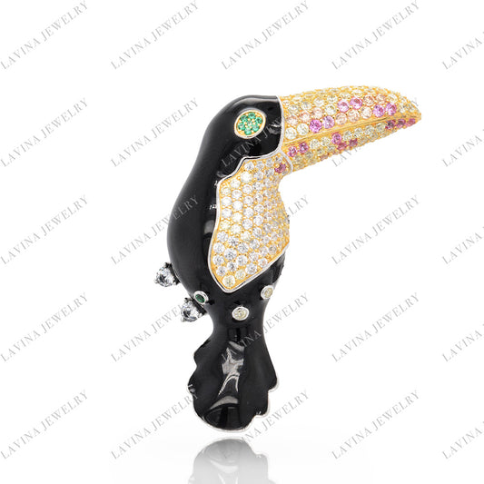 SC28216GR- Premium 5A CZ 925 Sterling Silver Toucan bird Brooch Cubic Zirconia Jewelry For Travel and Party Event , Animal Jewelry for Women and Men
