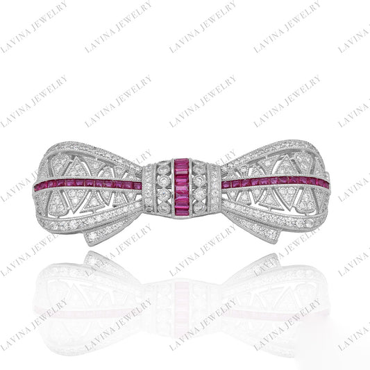 SC28252RC-Unique Luxury 925 Sterling Silver Simulated Ruby bow Brooch Cubic Zirconia Jewelry For Wedding and Party , Jewelry for Women and Men