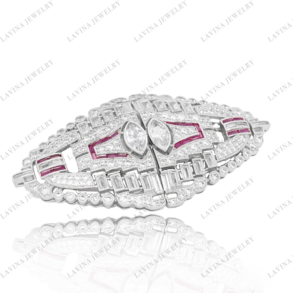 SC28263WH-Luxury Women Micro Pave 5A CZ 925 Sterling Silver Simulated ruby vintage Brooch Cubic Zirconia Jewelry For Wedding and Party Event , Jewelry for Women and Men