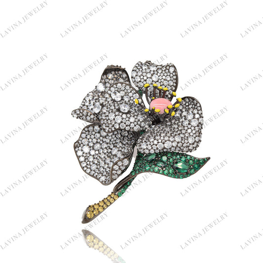 SC28118WH- Low-Key Luxury Micro Pave 925 Sterling Silver fancy large flower Brooch Cubic Zirconia Jewelry For Wedding and Party Event , Jewelry for Women and Men