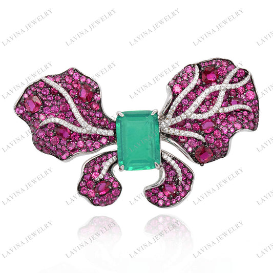 SC28123EM-Luxury 925 Sterling Silver Simulated Emerald Butterfly Butterfly Brooch Cubic Zirconia Jewelry For Wedding and Party , Jewelry for Women and Men