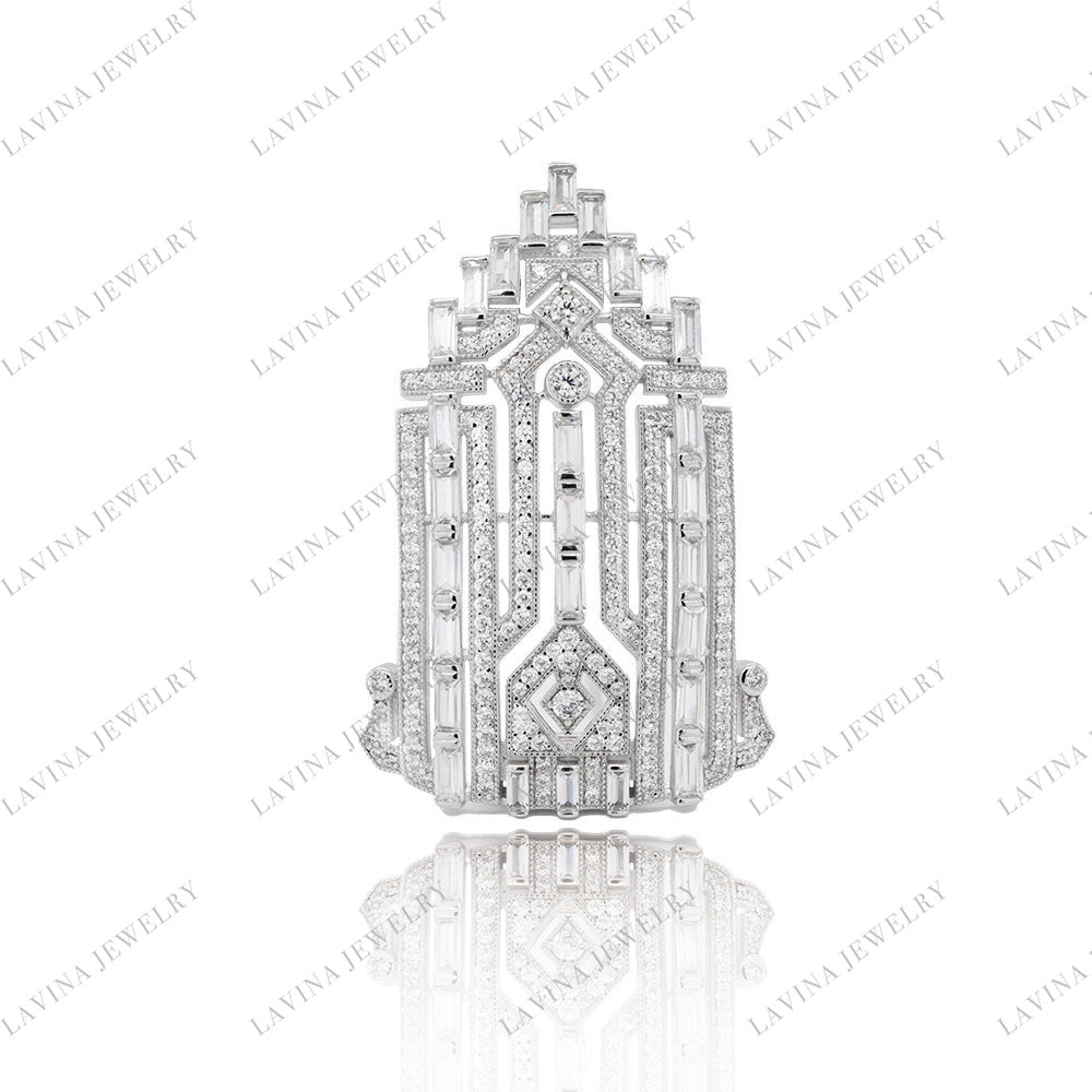 SC28254WH- Luxury 5A CZ 925 Sterling Silver Fancy vintage Brooch Cubic Zirconia Jewelry For Wedding and Party . Women and Men