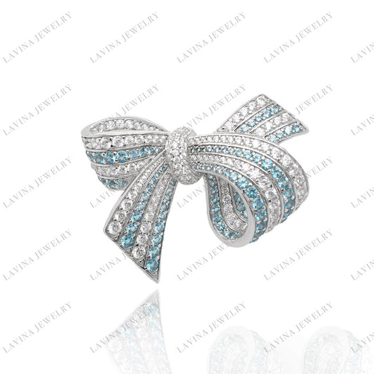 SC28210AQ- Premium Luxury 5A CZ 925 Sterling Silver Aqua Bow Brooch Cubic Zirconia Jewelry For Wedding and Party Event , Jewelry for Women and Men