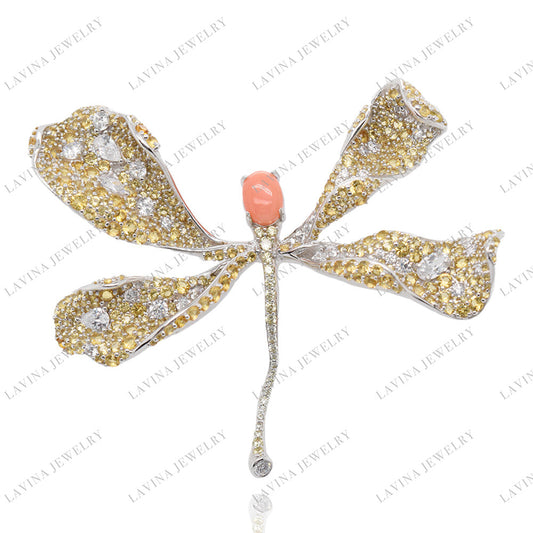 SC28213CO-Luxury Micro Pave 925 Sterling Silver Coral leaf Brooch Cubic Zirconia Jewelry For Wedding and Party , Animal Jewelry for Women and Men