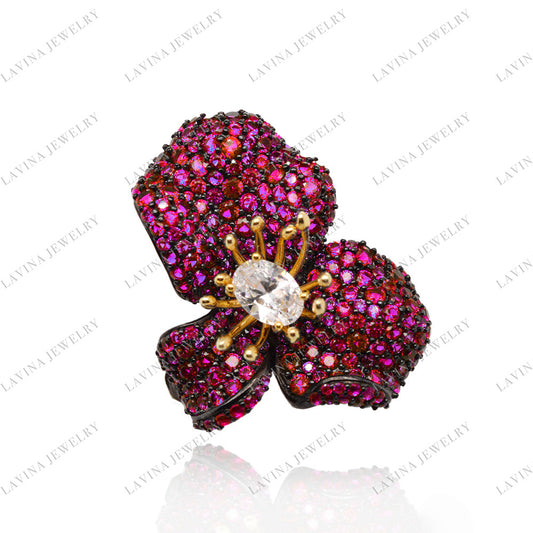 SC28111-Fashion Luxury Flower Shape Micro Pave 925 Sterling Silver Trendy Ring Brooch Earring Cubic Zirconia Jewelry Sets For Women