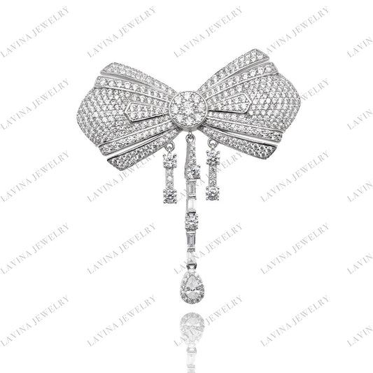 SC28248WH- Luxury 925 Sterling Silver Fancy 5A CZ Bow Brooch Cubic Zirconia Jewelry For Wedding and Party . Women and Men