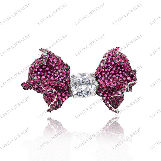 SC28139RC-Inspired Luxury 925 Sterling Silver Simulated Ruby Fancy 5A CZ Bow Brooch Cubic Zirconia Jewelry For Wedding and Party . Women and Men