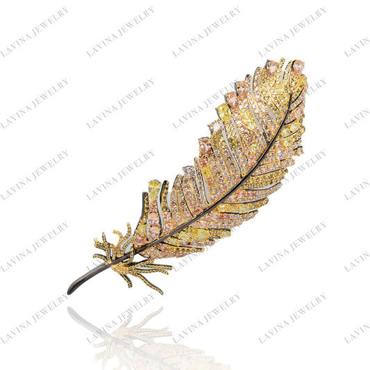 SC28184YL-Trendy Inspired Luxury Micro Pave 925 Sterling Silver large feather Brooch Cubic Zirconia Jewelry Sets For WomenEarring For Women