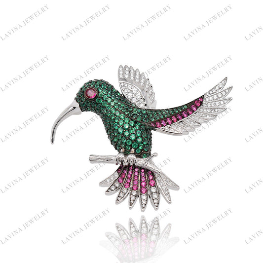 SC28229GR- Premium 5A CZ 925 Sterling Silver Hummingbird Brooch Cubic Zirconia Jewelry For Travel and Party Event , Animal Jewelry for Women and Men