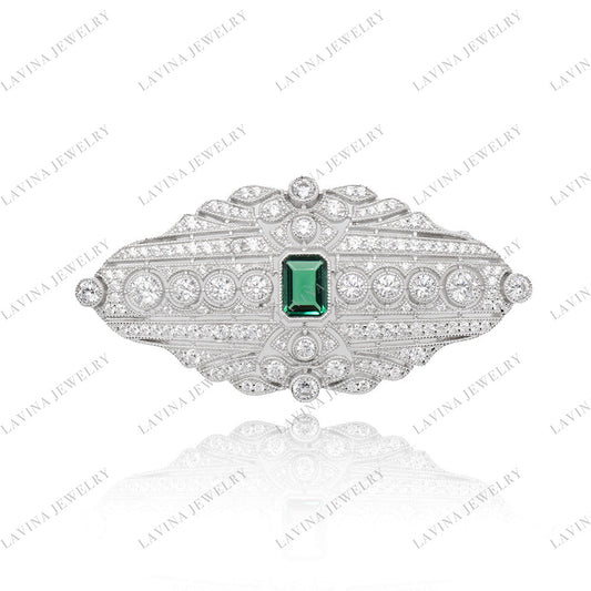 SC28240EM-Luxury Women Micro Pave 5A CZ 925 Sterling Silver Simulated emerald vintage Brooch Cubic Zirconia Jewelry For Wedding and Party Event , Jewelry for Women and Men
