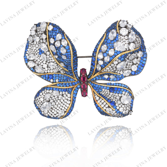 SC28100-Luxury Women Micro Pave 5A CZ 925 Sterling Silver Simulated Sapphire Blue Butterfly Brooch Cubic Zirconia Jewelry For Wedding and Party Event , Animal Jewelry for Women and Men