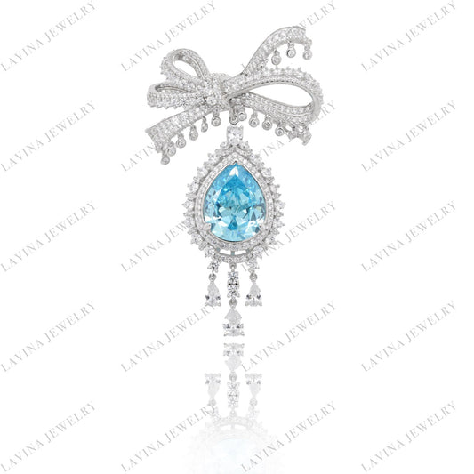 SC28171AQ-Luxury 925 Sterling Silver Detachable multifunction Aquablue pear shape CZ Brooch Cubic Zirconia Jewelry For Wedding and Party Event , Jewelry for Women and Men