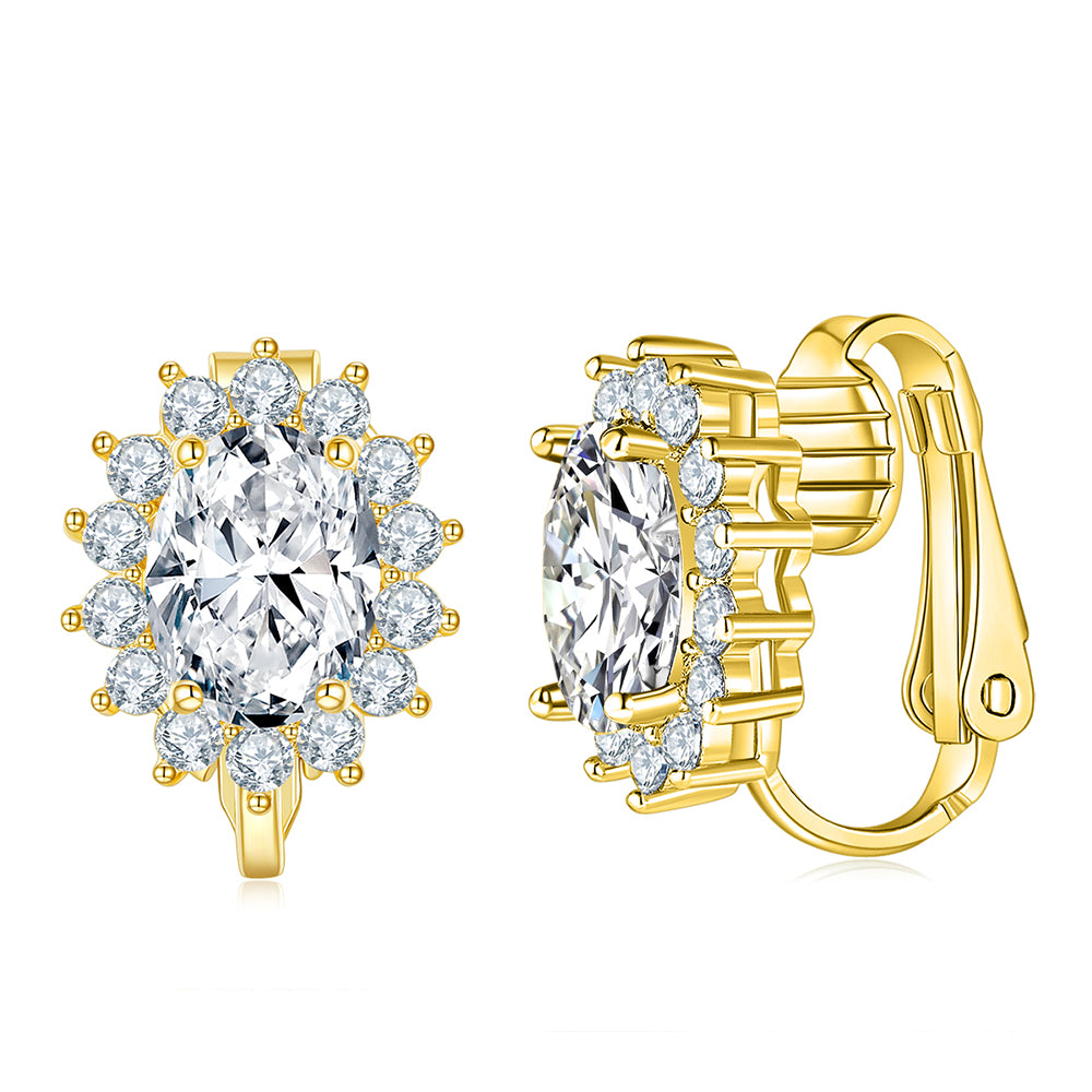 BME200905 - Royal inspired Simulated Oval Halo CZ - Clip On Earrings