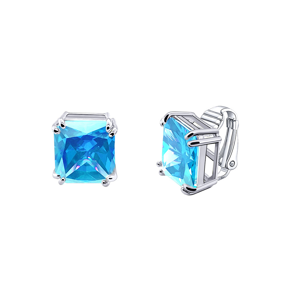 BME221934 - Funky Cubic Zirconia Square Fancy Cut Solitaire Earrings - Clip On Earrings