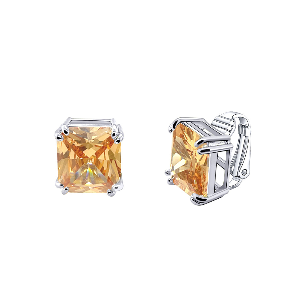 BME221934 - Funky Cubic Zirconia Square Fancy Cut Solitaire Earrings - Clip On Earrings