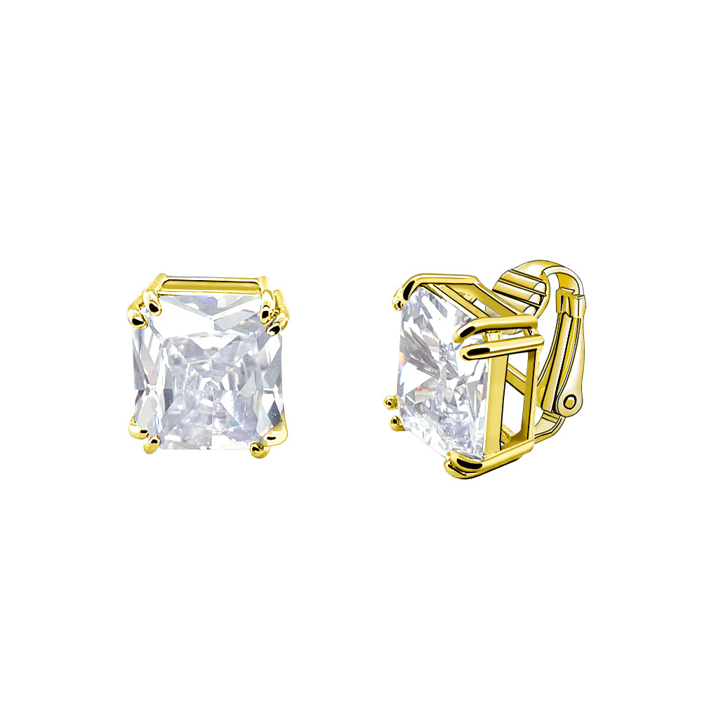 BME221934 - Funky Cubic Zirconia Square Fancy Cut Solitaire Earrings - Clip On Earrings