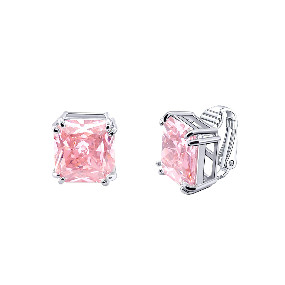 BME221934 - Funky Cubic Zirconia Square Fancy Cut Solitaire Earrings - Clip On Earrings