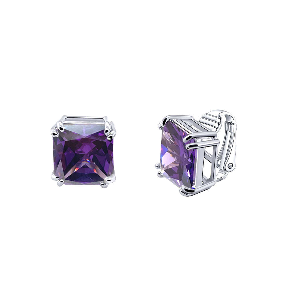 BME221934 - Funky Cubic Zirconia Square Fancy Cut Solitaire Earrings - Clip On Earrings