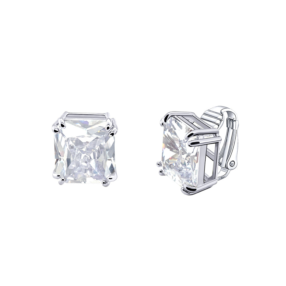 BME221934 - Funky Cubic Zirconia Square Fancy Cut Solitaire Earrings - Clip On Earrings