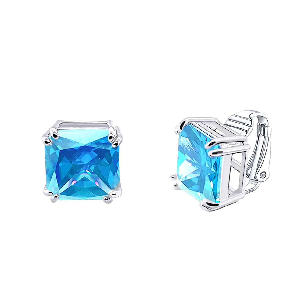 BME221935 - Funky Cubic Zirconia Square Fancy Cut Solitaire Earrings - Clip On Earrings