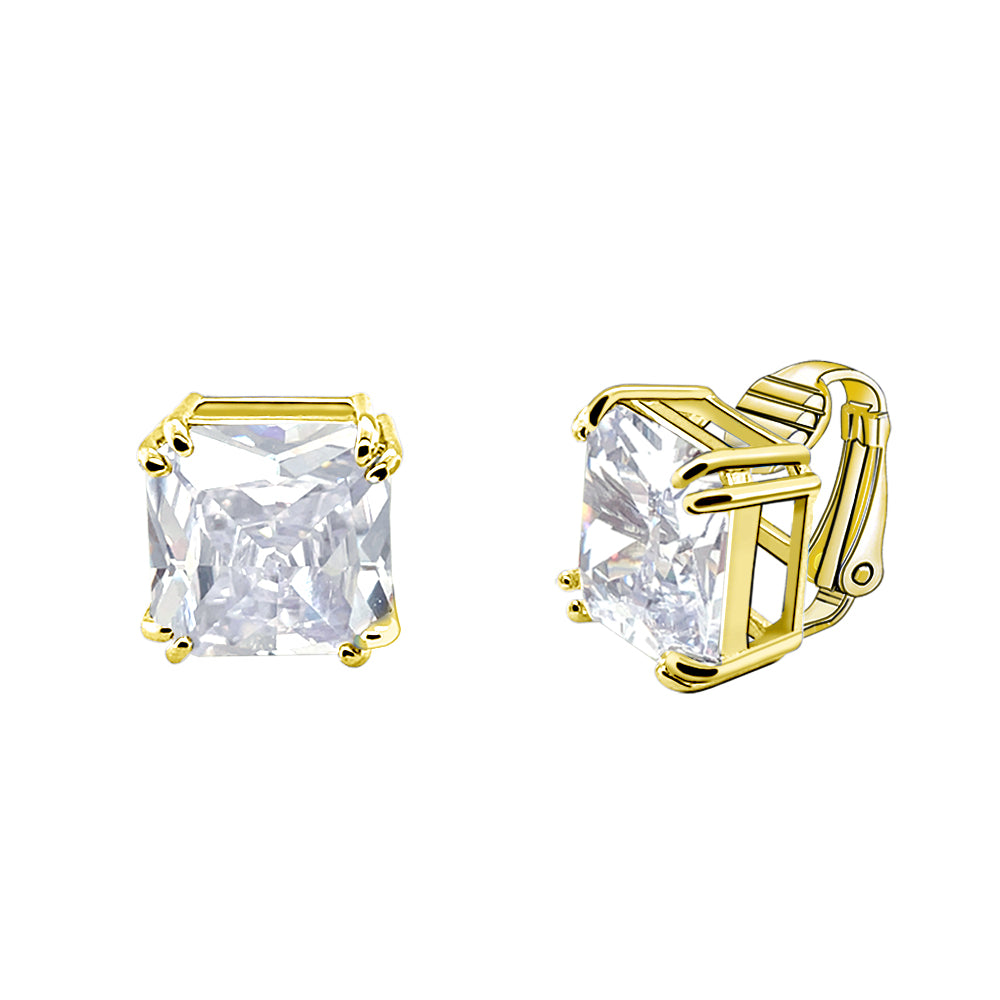 BME221935 - Funky Cubic Zirconia Square Fancy Cut Solitaire Earrings - Clip On Earrings
