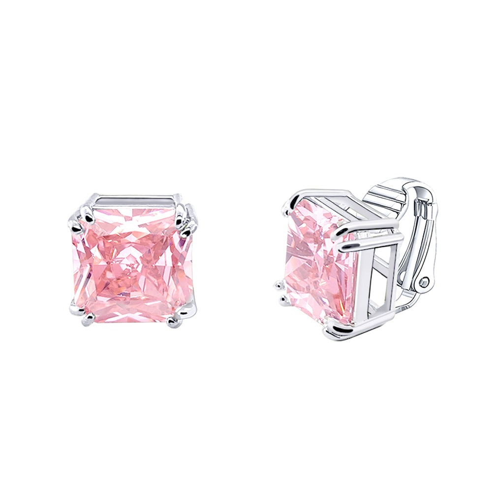 BME221935 - Funky Cubic Zirconia Square Fancy Cut Solitaire Earrings - Clip On Earrings