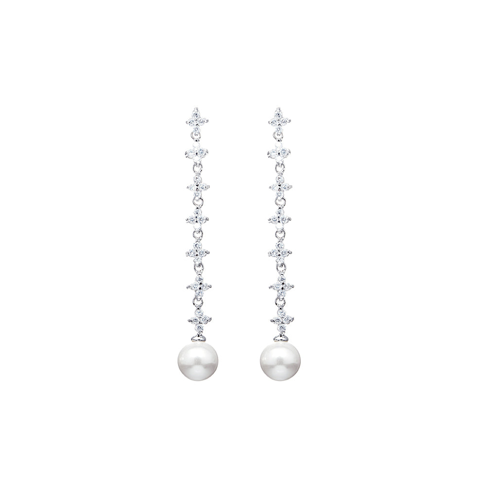 BME6457 -Shell Grey Pearl Dangle CZ Flower Earrings - Drop Earrings