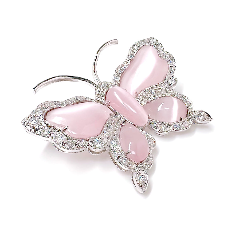 BMC80018 - Cats Eye Pink Butterfly Statement - 2-in-1 Pendant Necklace Brooch