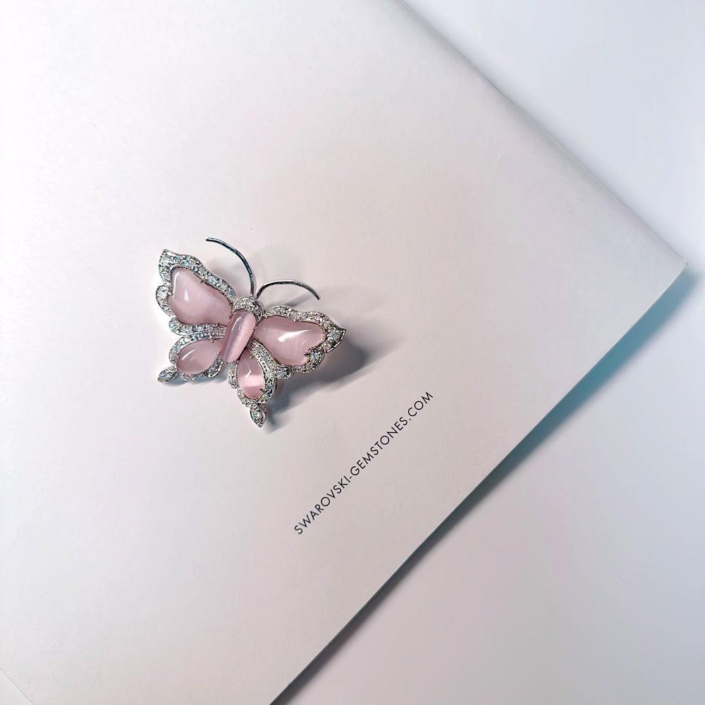 BMC80018 - Cats Eye Pink Butterfly Statement - 2-in-1 Pendant Necklace Brooch