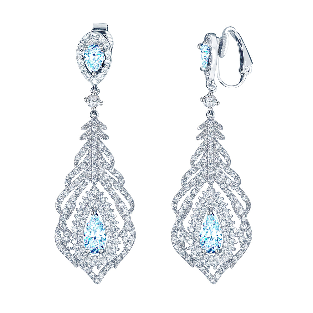 BME81459 - Feather Statement Chandelier Teardrop CZ Earrings - Clip On Earrings