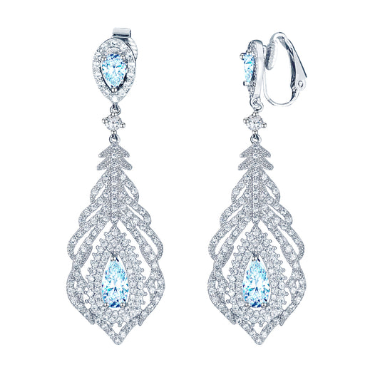 BME81459 - Feather Statement Chandelier Teardrop CZ Earrings - Clip On Earrings