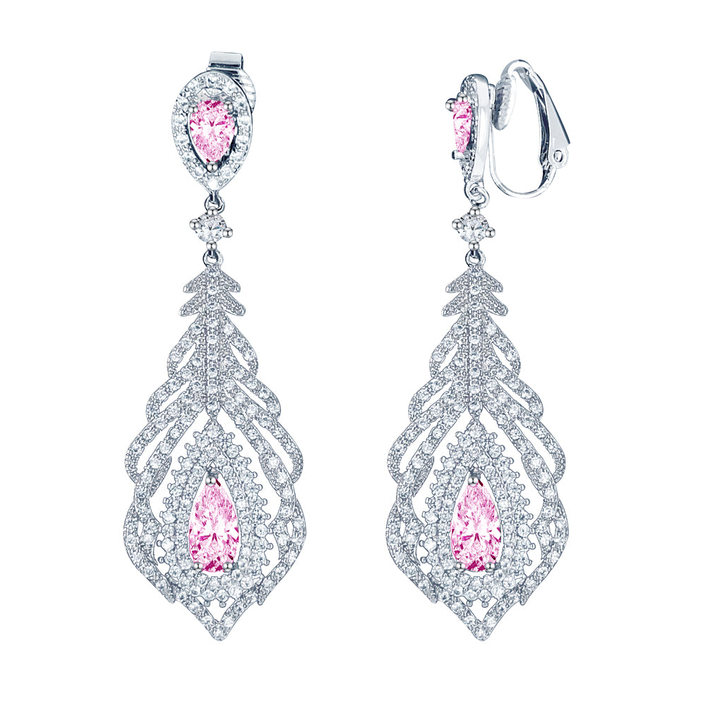 BME81459 - Feather Statement Chandelier Teardrop CZ Earrings - Clip On Earrings