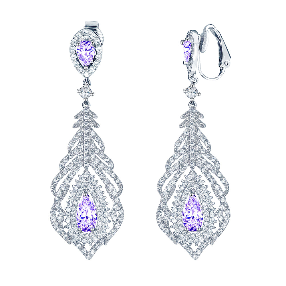 BME81459 - Feather Statement Chandelier Teardrop CZ Earrings - Clip On Earrings