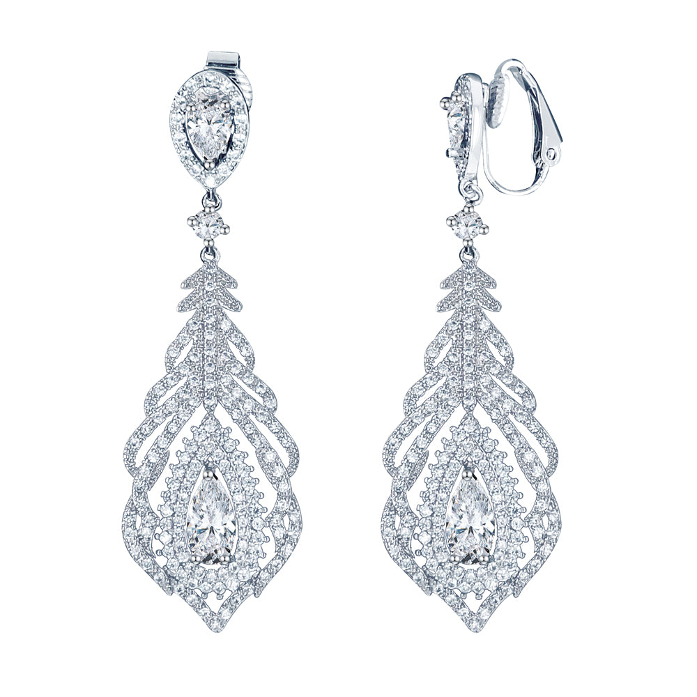 BME81459 - Feather Statement Chandelier Teardrop CZ Earrings - Clip On Earrings