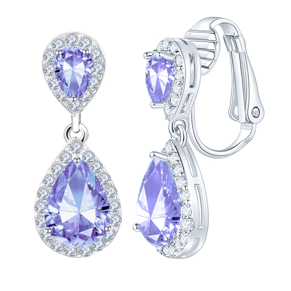 BME200904 - Fancy Teardrop CZ Dangle Earring - Clip On Earrings
