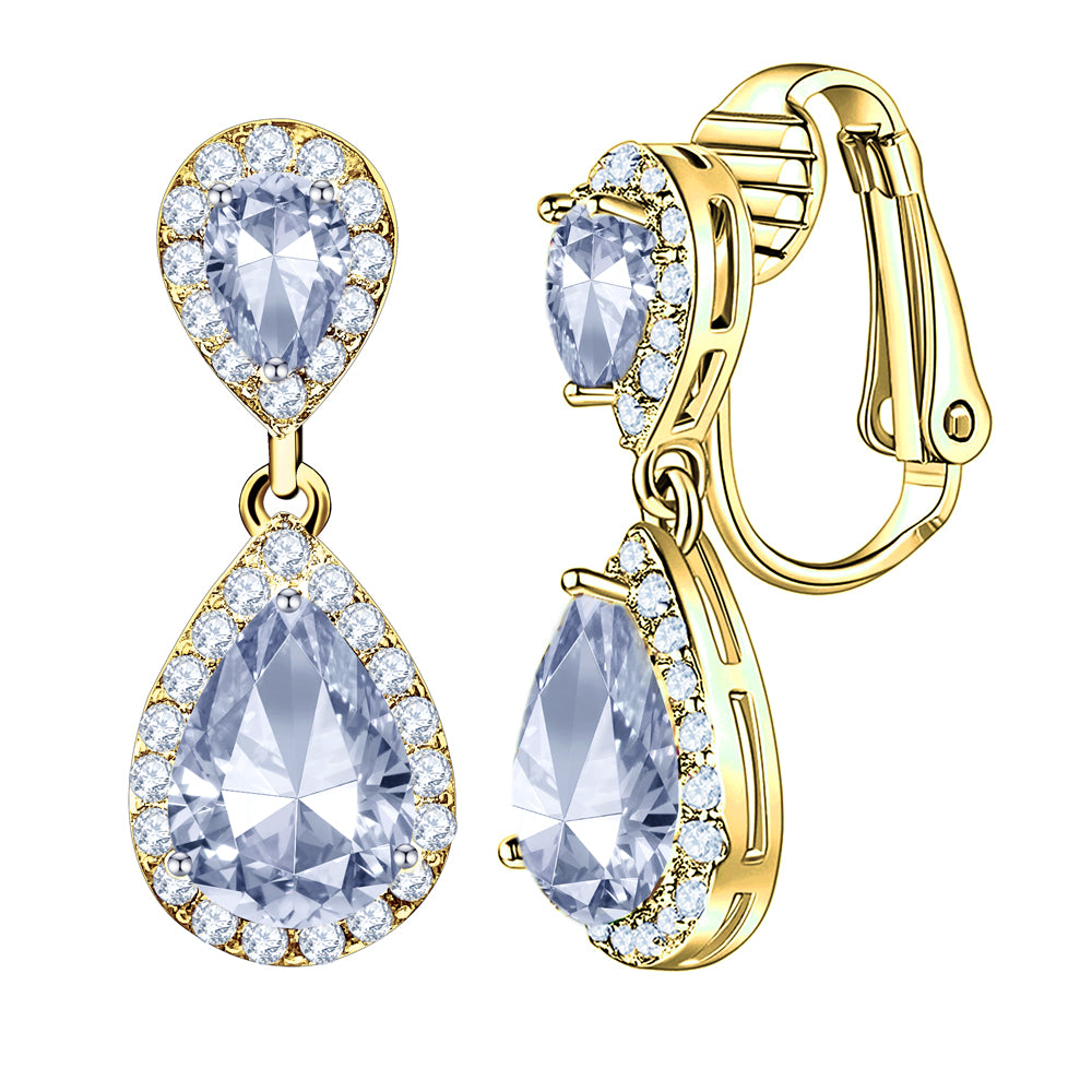 BME200904 - Fancy Teardrop CZ Dangle Earring - Clip On Earrings