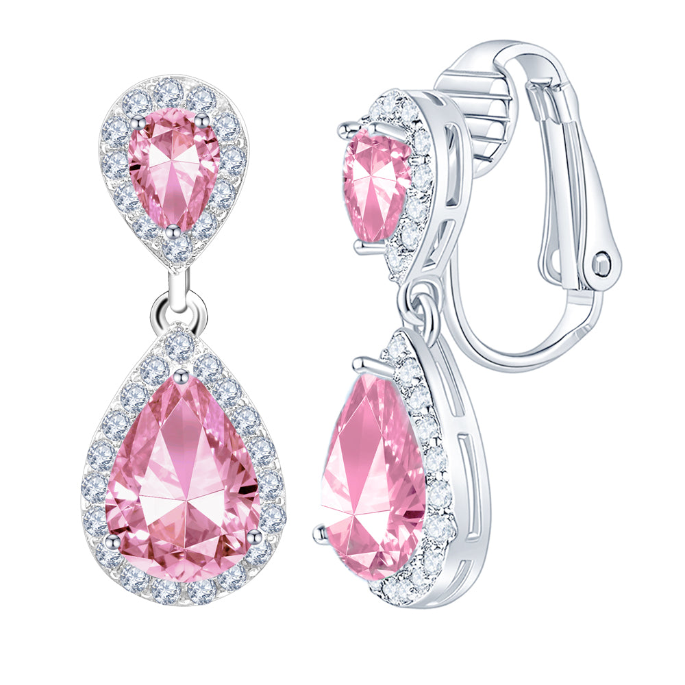 BME200904 - Fancy Teardrop CZ Dangle Earring - Clip On Earrings