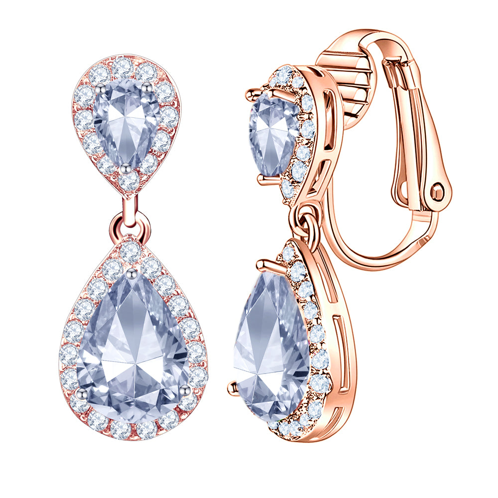 BME200904 - Fancy Teardrop CZ Dangle Earring - Clip On Earrings
