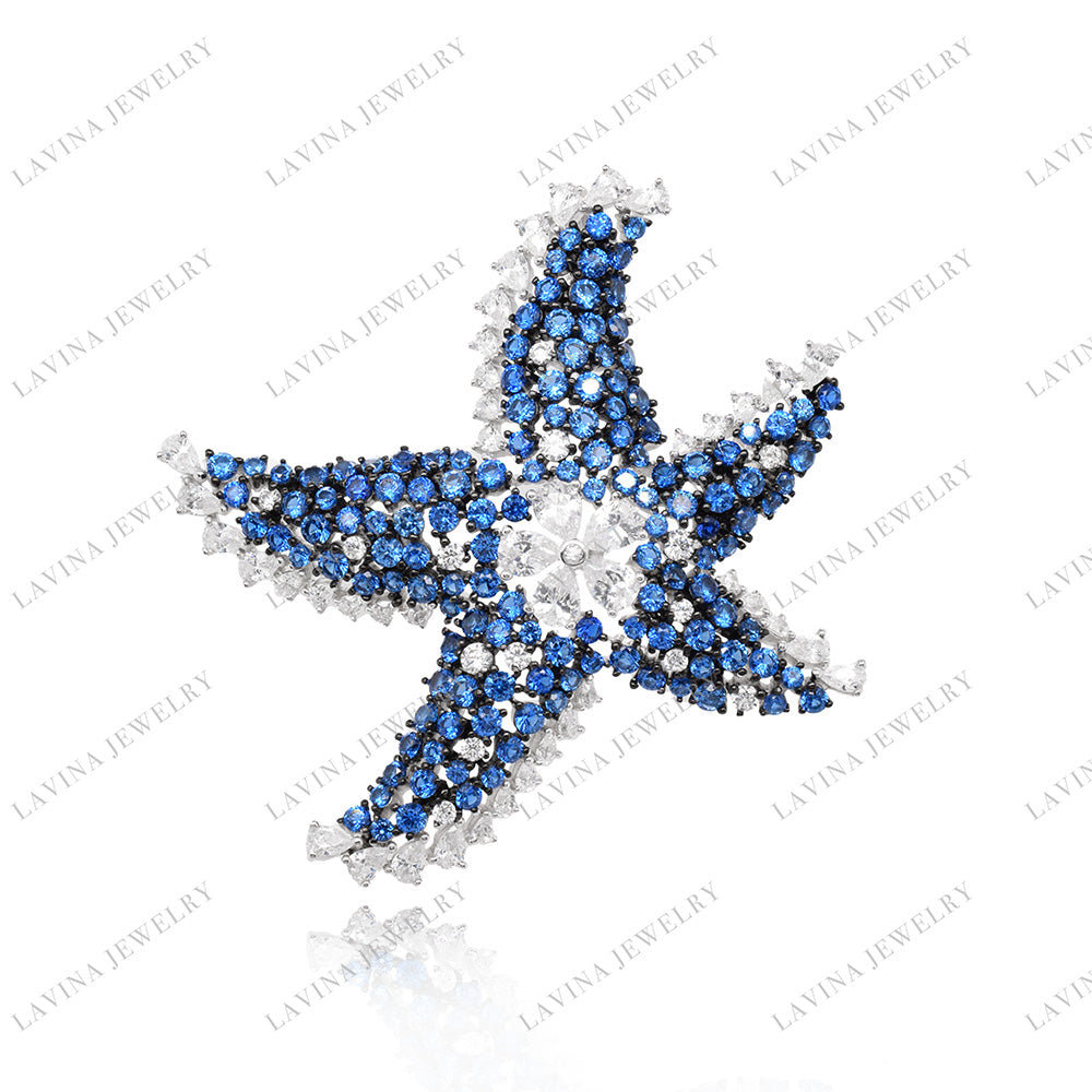 SC28321BL- Celestial Tide | Blue Starfish Full Pavé 925 Silver Handcrafted Brooch (Unisex)