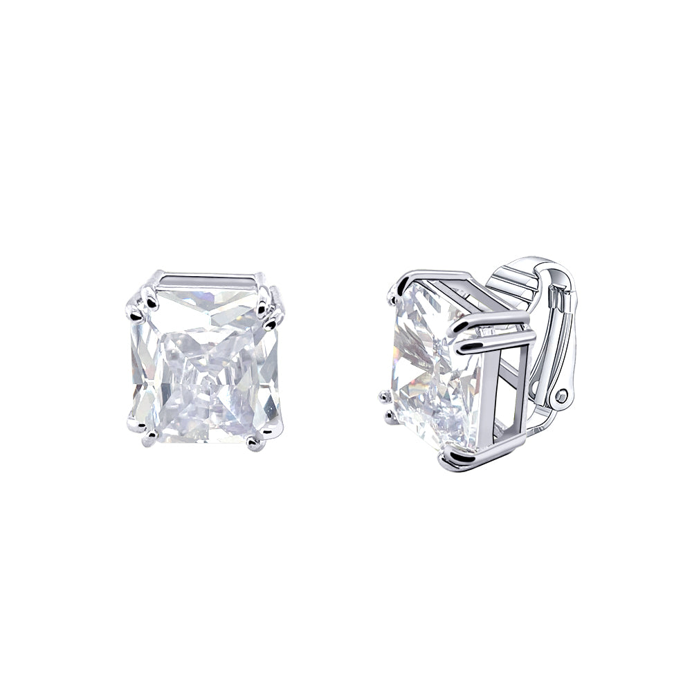 BME221934 - 時髦方晶鋯石方形花式切割單粒耳環 - 夾式耳環