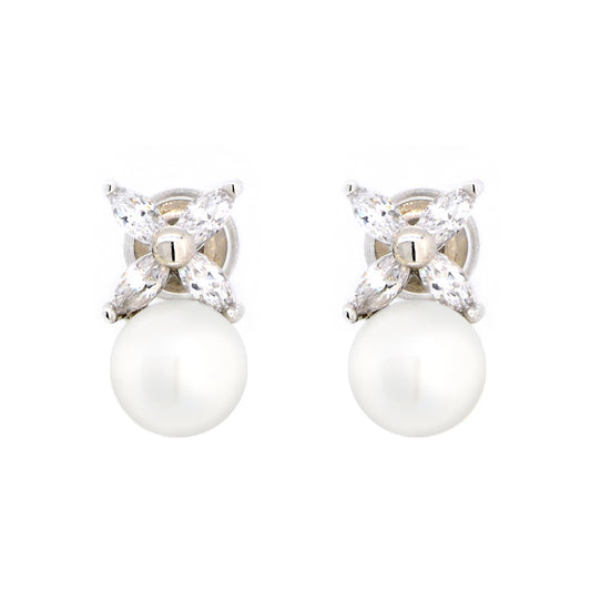 BME5172 - Classic Over Marquis Cut Flower  - White Pearl - Stud Earrings